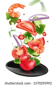 Tomatoes in the middle with slice and shrimp isolated on white background. Realistic vector in 3D illustration.
