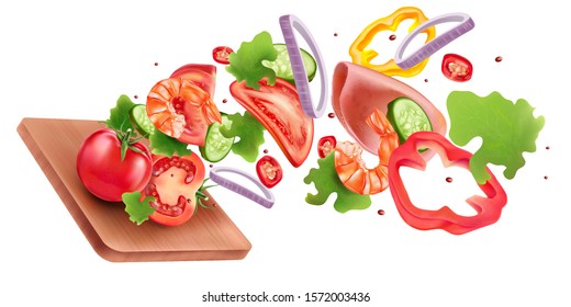 Tomatoes in the middle with slice and shrimp isolated on wooden plate in white background. Realistic vector in 3D illustration.