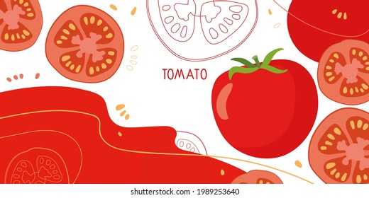 Tomatoes on abstract background. Fresh farm vegetables for diet. Ingredients for cooking. Flat design for menu, cafe, restaurant, banner, emblem, sticker, recipe design. For packing juice or sauce.