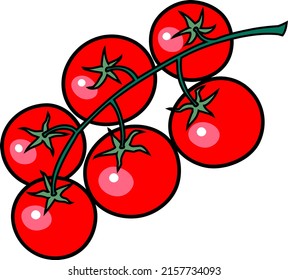 Tomates en una rama. Cereza. Seis verduras rojas redondas sobre un tallo verde. Icono. Gráficos vectoriales de color.