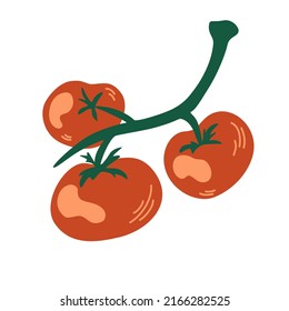 Tomatoes on a branch. Red cherry tomato composition. Healthy foods. Vegetables. Vector cartoon illustration. Isolate on a white background.
