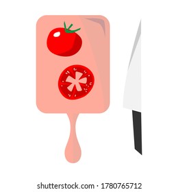 Tomates en tabla de despiece
 con cuchillo. Tomate en la cocina ilustración simple plano y colorido