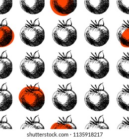 Tomatoes painted by hand with ink and a pen. Seamless pattern. For your unique design, menus, restaurants, cafes, organic products and much more