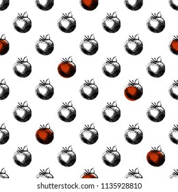 Tomatoes painted by hand with ink and a pen. Seamless pattern. For your unique design, menus, restaurants, cafes, organic products and much more