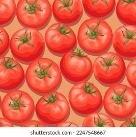 Tomatoes pattern. Beige background. Tomatoes in a box. Red ripe tomatoes with green stem.