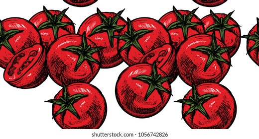Tomatoes pattern isolated on white background. Hand drawn and sketch style. Vector illustration. 