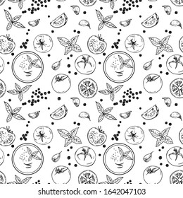 Tomatoes, peppercorns, garlic, basil and gazpacho soup in line art style. Vector vegetable seamless pattern.