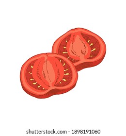 Tomatoes pieces isolated on white background. Vintage style design. Template for postcard, banner, poster, web design, menu. Hand Drawn vector illustration.