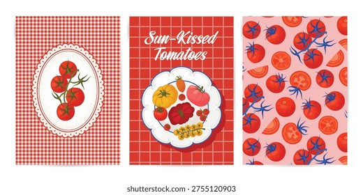 Tomatoes Poster in Mediterranean style. Vector illustration of different types of tomatoes and a traditional gingham pattern.