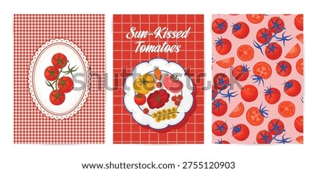 Tomatoes Poster in Mediterranean style. Vector illustration of different types of tomatoes and a traditional gingham pattern.