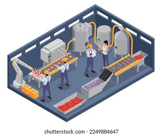 Tomatoes production isometric composition with isolated indoor view of industrial line with workers sorting packing vegetables vector illustration