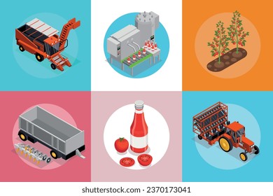 Tomatoes production isometric set of square compositions with trees factory lines tractor ketchup and cut vegetables vector illustration