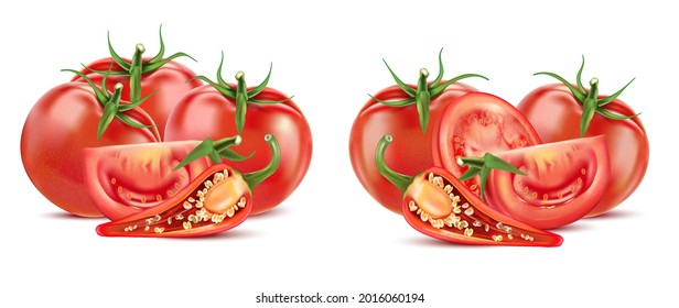 Tomatoes and Red chili slice elements isolated on white background, Vector realistic in 3D illustration.