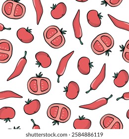 Tomatoes and red peppers seamless pattern for kitchen textile, wallpaper, packaging, product decor, wrapping paper, prints, backgrounds, etc. EPS 10