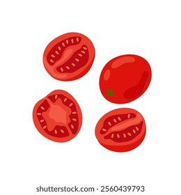 Tomatoes. Red ripe tomato halves. Ingredient for salad, pasta, sauce and other. Flat illustration of ripe vegetables on white background.