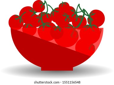 Tomatoes in a red transparent bowl. Vector graphic illustration with shadow.