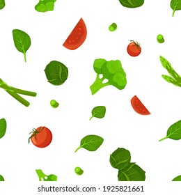 Tomatoes with salad and cabbage seamless pattern. Green broccoli swirl with red tomato slices and vector asparagus leaf.