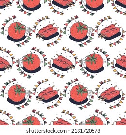 Tomatoes and Sausages. Seamless pattern on a white background. Cute vector illustration.