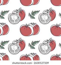 Tomates padrão sem costura. Contorno de tomates maduros e suculentos desenhados à mão sobre um fundo branco.