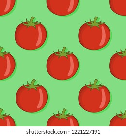 Tomatoes seamless pattern in flat style design on green background. Healthy food. Fresh vegetable ornament for wallpaper, printing, textiles, web page design, surface textures, vector illustration.