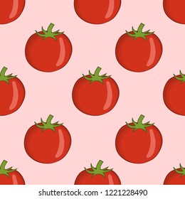 Tomatoes seamless pattern in flat style design on pink background. Healthy food. Fresh vegetable ornament for wallpapers, printing, textiles, web page design, surface textures, vector illustration