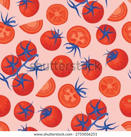 Tomatoes Seamless Pattern in Mediterranean style. Vector illustration in hand-drawn style.