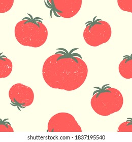 Tomatoes seamless pattern on beige background with aged effect. Hand drawn style. Italian cuisine. Minimalist and simple. Pastel colors. Vector illustration