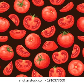 Tomatoes seamless pattern on a black background. Red ripe tomatoes with a green stem. Great for menus, labels, packaging.