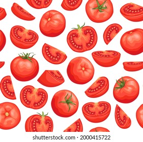 Tomatoes seamless pattern on a white background. Red ripe tomatoes with a green stem. Great for menus, labels, packaging.