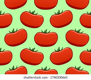 Tomatoes seamless pattern. Print for textile, decor, site. Green background, vector.