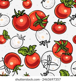 Nahtloses Tomatenmuster. Druck auf Textilien, Dekor, Website. . Gesunde Ernährung, Bio, vegetarisches Konzept mit Gemüse und Kräutern. Vektorillustration