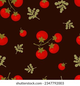 Tomatoes seamless pattern. Red vegetable on black background. Vector autumnal illustration for design, packaging, wallpaper and textile