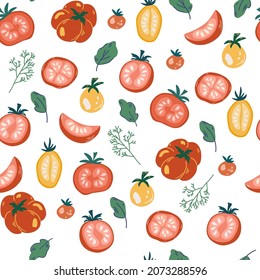 Tomatoes seamless pattern. Ripe tomatoes and greens. Vegetarian healthy food. Vegan, farm, organic, natural. Hand draw background of vegetable, good for fabric textile print or wrapping paper. Vector