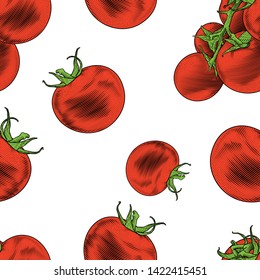 Tomatoes seamless pattern. Vector illustration of tomatoes in engraving technique isolated on white background.