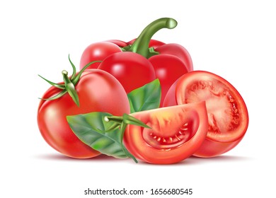 Tomaten mit Glockenpfeffer in der Mitte einzeln auf weißem Hintergrund. Realistische Vektorillustration in 3D-Illustration.
