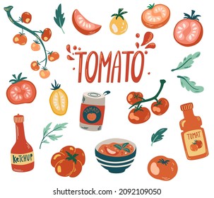 Tomaten-Set. Kirschtomaten, Zweige, Scheiben- und Scheiben-Tomaten. Ketschup-Flasche, Chilischoten, Tomatensauce und Suppe. Gemüse. Gesundes Essen. Handziehen, Vektorgrafik.