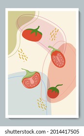 Tomatoes Set. Fresh Sliced and Whole Vegetable. Hand Drawn Colorful Tomatoes with Simple Shapes, Gold Lines.
