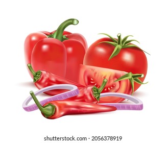 Tomatoes set slice of piece in the middle isolated on white background. Realistic vector in 3D illustration.