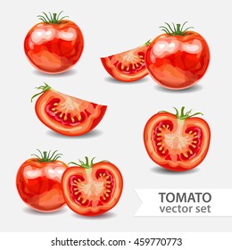 Tomatoes set. Sliced vegetable. Vector illustration.