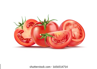 Tomatoes set with tomato slice of pieces isolated on white background. Realistic vector in 3D illustration.