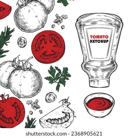 Tomatoes sketch hand drawn illustration. Organic tomato design template. Illustration for a brochure or booklet for a restaurant or cafe. Healthy eating frame. Ketchup packaging design elements.