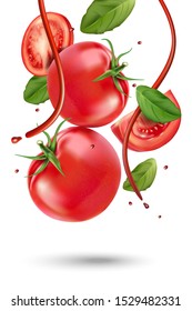 Tomatoes slice in the middle with sauce splashing isolated on white background. Realistic vector in 3D illustration.