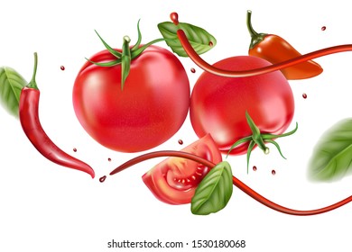 Tomatoes slice in the middle with sauce splashing isolated on white background. Realistic vector in 3D illustration.