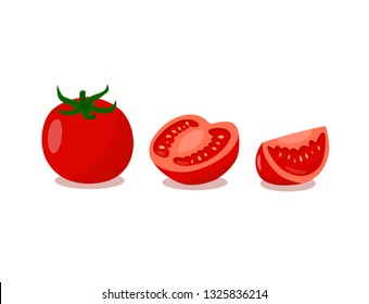 Tomatoes with sliced tomatoes isolated on white background.