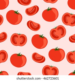 Tomatoes and sliced pieces on a pink background. Seamless pattern. Vector illustration.