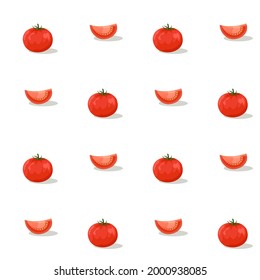 Tomatoes and sliced pieces on a white background. Seamless pattern. Vector illustration.