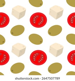 Tomatoes slices Cheese Cubes and olives Seamless Pattern Food Poster Healthy Eating Background idea