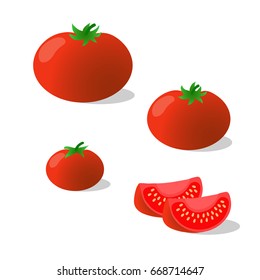 Tomatoes and slices of tomatoes isolated on white background, vector illustration