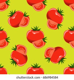 Tomatoes and slices of tomato seamless background. Flat and solid color design. Vector illustration.