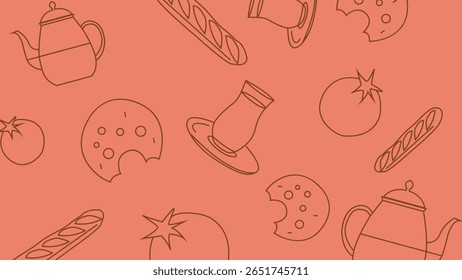 Tomates, chaleiras, pão e chá turco de vidro em linha de arte sobre fundo vermelho-laranja. Ótimo para temas mediterrânicos ou brunch.
